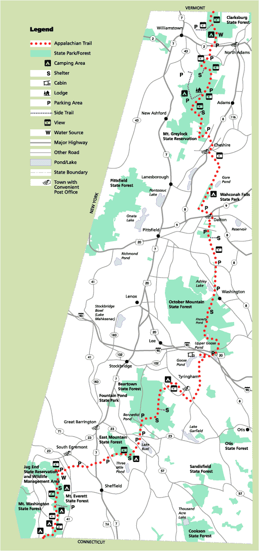 Directions to shelters and campsites along the Appalachian trail in the 