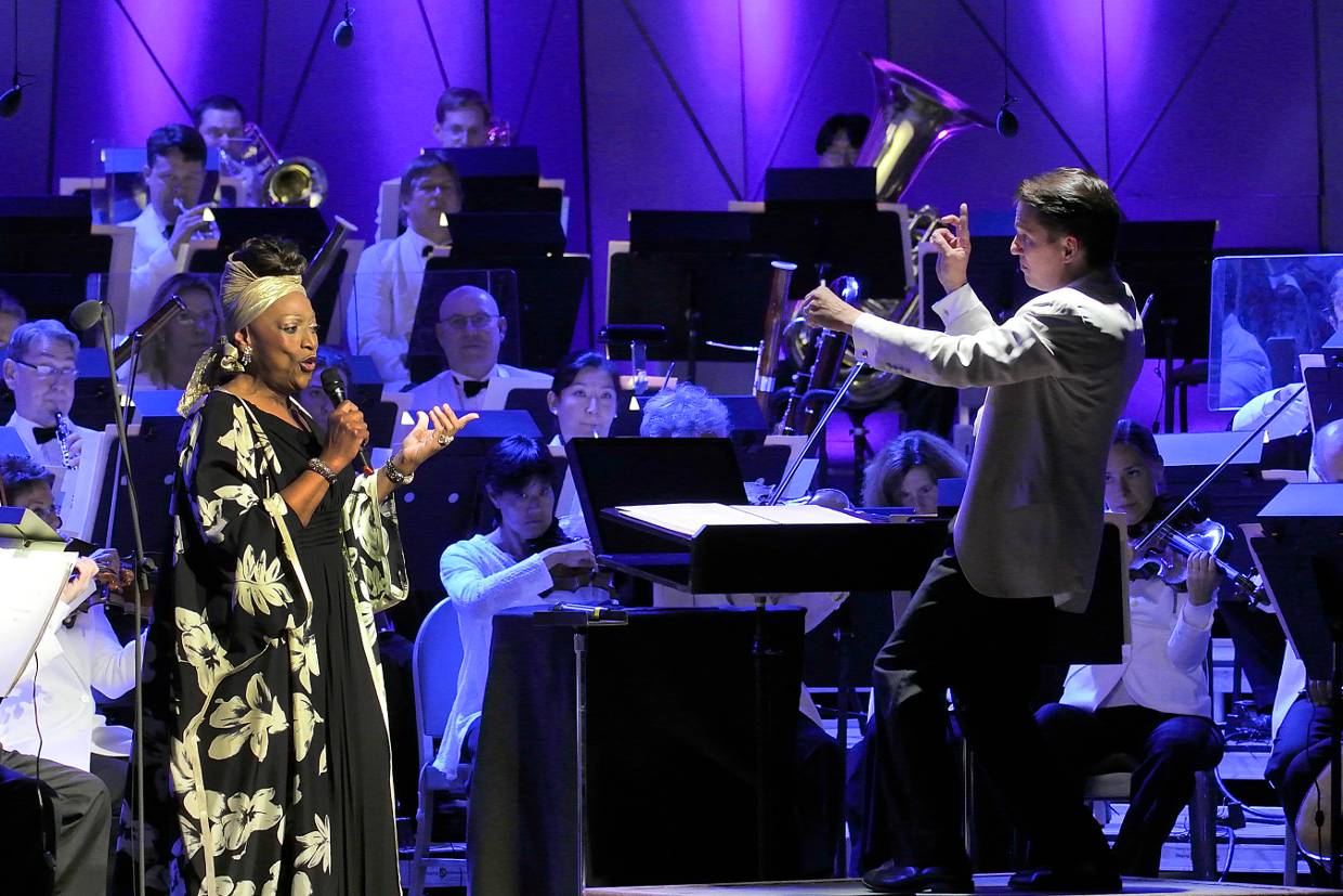 Jessye Norman and Keith Lockhart with the Boston Pops during John Williams' 80th birthday celebration at Tanglewood; photo:Stu Rosner.